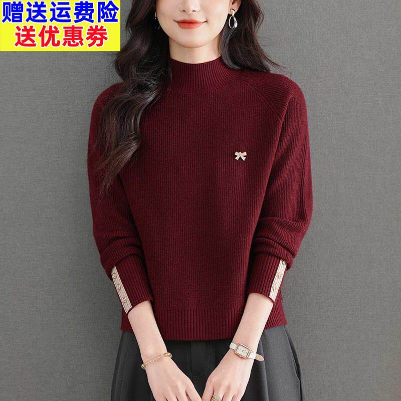 半高领短款毛衣女士2025秋冬新款小个子蝴蝶结装饰针织打底衫上衣