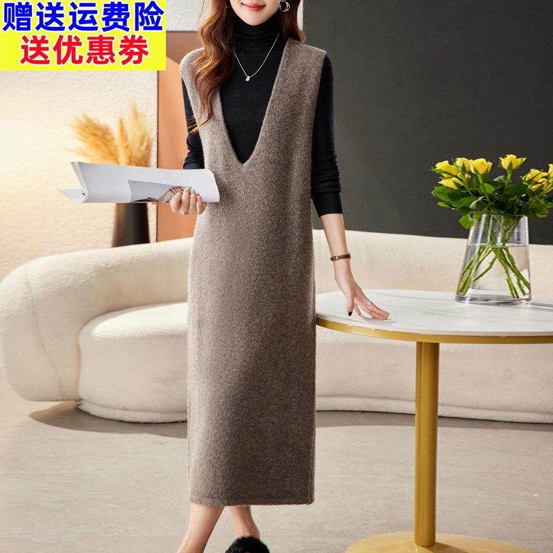 超长款过膝无袖马甲背心女中长款外穿毛衣裙宽松大码女装羊毛衫冬