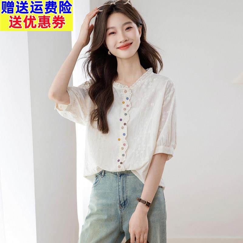 法式刺绣镂空短袖白衬衫女设计感2025新款棉衬衫夏季宽松小众上衣