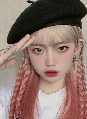 亚麻金色渐变红色假发女长发杏粉色深红色网红Lolita全头挑染渐变