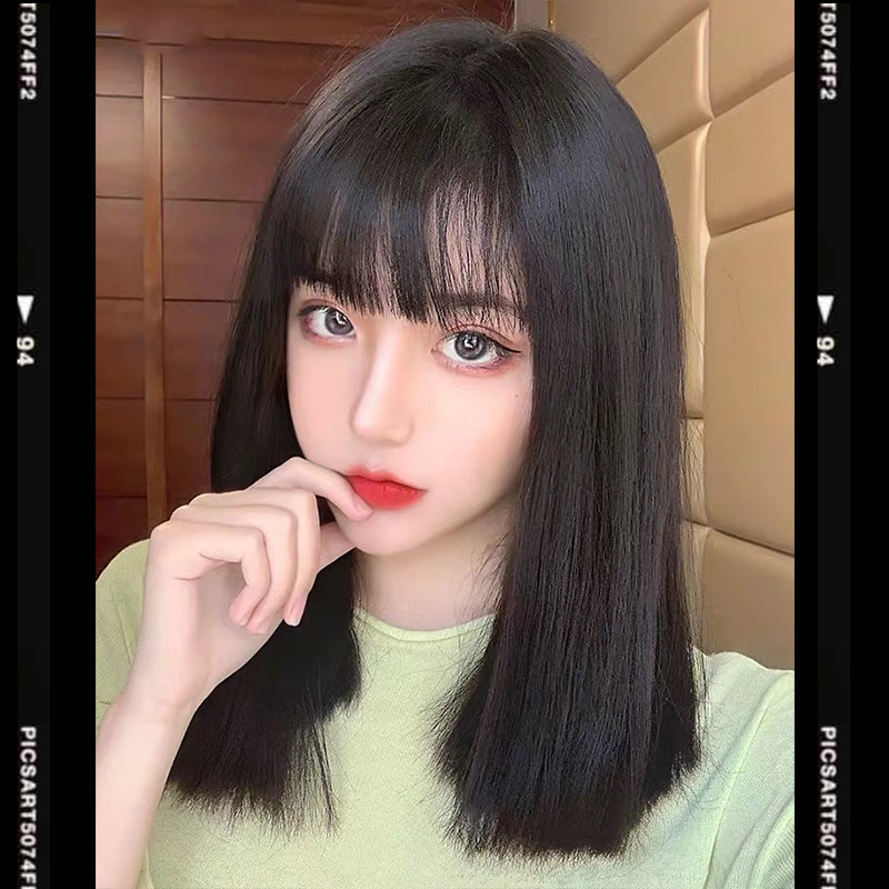 中长发假发女减龄黑色一刀齐长直发自然lolita软妹圆脸自然全头