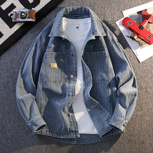 衬衣外套 男春秋高级感重磅水洗宽松工装 美式 潮牌提花牛仔衬衫