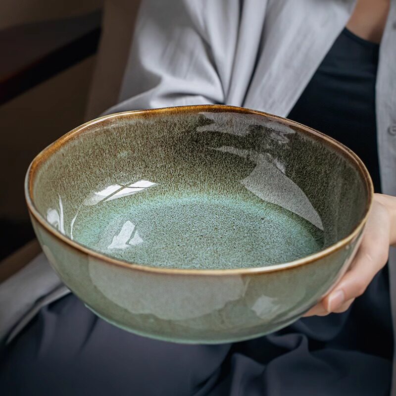 日式不规则9英寸汤碗复古大碗釉下彩家用陶瓷碗不规则造型汤盆
