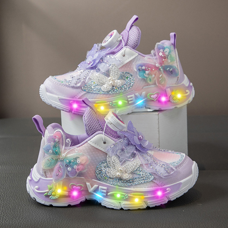 女童运动鞋2025新款秋季发光儿童鞋子带灯网面透气女孩跑步老爹鞋