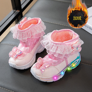 女童雪地靴发光冬季2025新款儿童带灯棉靴加绒加厚二棉鞋子中大童