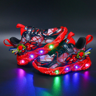 带灯蜘蛛侠男童鞋子2025秋季新款儿童运动鞋发光软底网面透气跑步