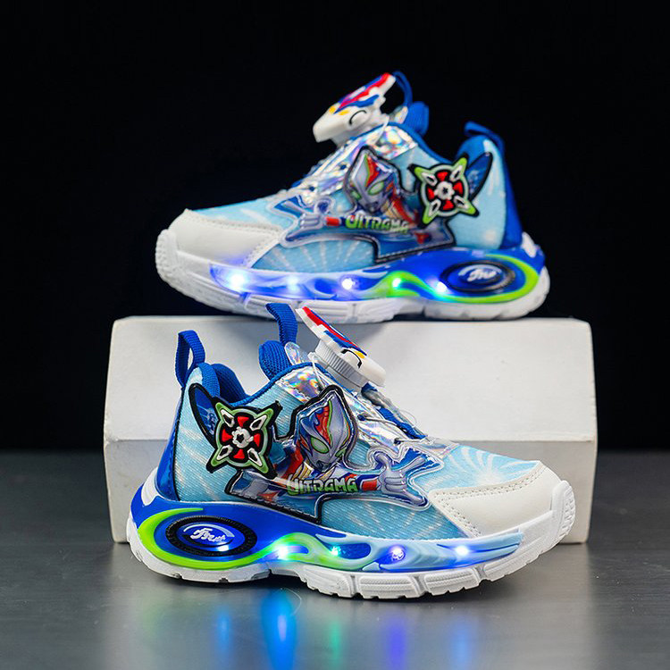 奥特曼男童鞋子发光带灯春秋款儿童运动鞋网面透气中大童旋转纽扣