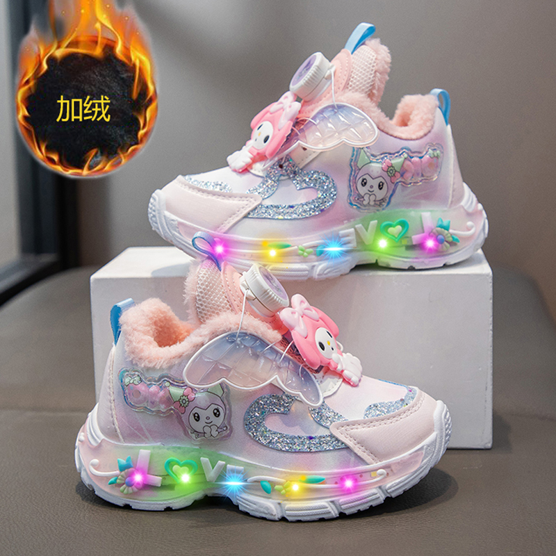 库洛米女童鞋子秋冬季2025新款儿童发光运动鞋加绒加厚大棉鞋女孩
