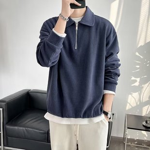 ins春秋上衣痞帅 2022春季 翻领拉链长袖 POLO衫 潮男休闲时尚