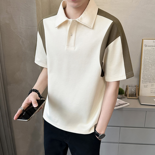 短袖 潮牌ins翻领套头上衣拼色Polo衫 高级感夏季 T恤男士 内搭半袖 衫