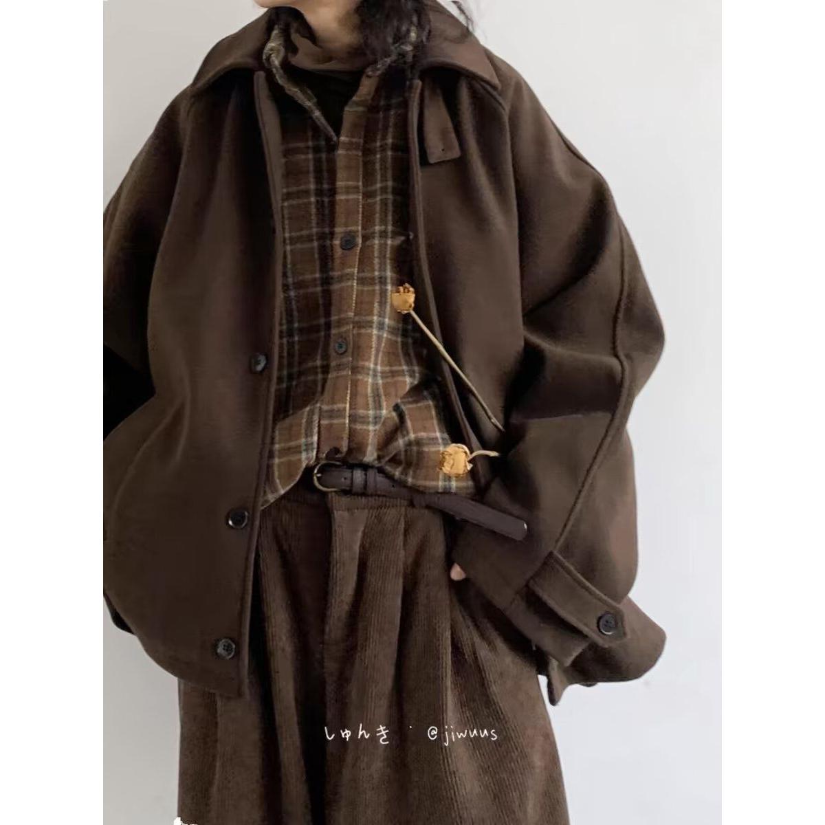 秋冬日系港风复古美拉德单排扣毛呢外套男女宽松休闲呢子大衣夹克