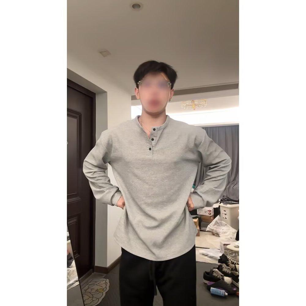 特大码300斤美式复古亨利领长袖T恤男春秋宽松内搭硬汉小领口卫衣