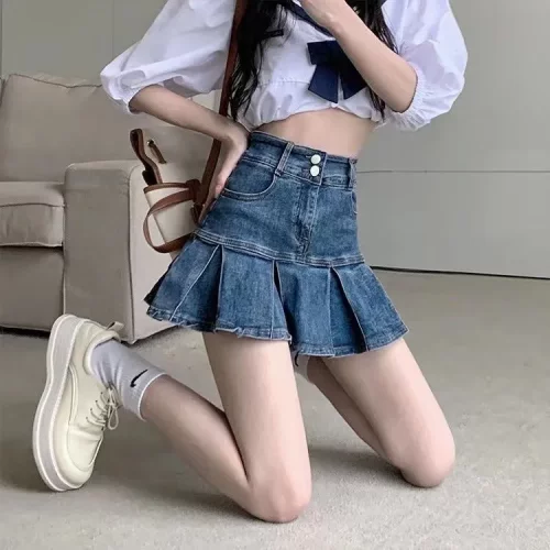 高腰百褶牛仔半身裙女2023春夏新款显瘦设计感a字辣妹包臀短裙子