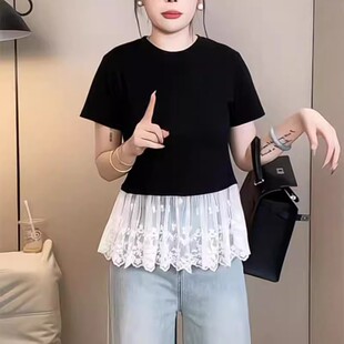 法式下摆拼接蕾丝花边短袖T恤女2025年夏季新款韩系减龄短款上衣