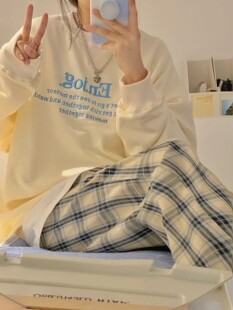 早秋港风时尚减龄bf卫衣学院风套装女韩版ins潮格子长裤两件套