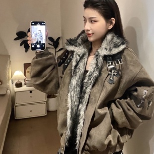 布零美拉德美式复古棕色毛领座山雕棉服外套女冬季加绒加厚夹克