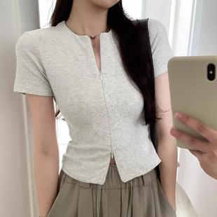 收腰显瘦短款 美式 T恤女夏季 辣妹双头拉链设计感正肩短袖 上衣 开衫