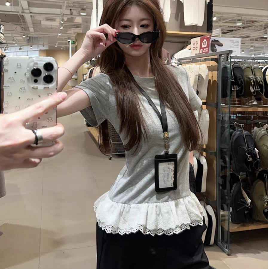 夏季温柔甜妹风蕾丝拼接短袖T恤