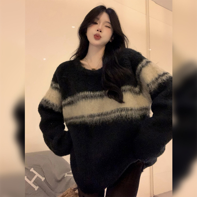 黑色条纹马海毛毛衣女秋冬外穿高级感软糯慵懒风针织衫宽松上衣厚