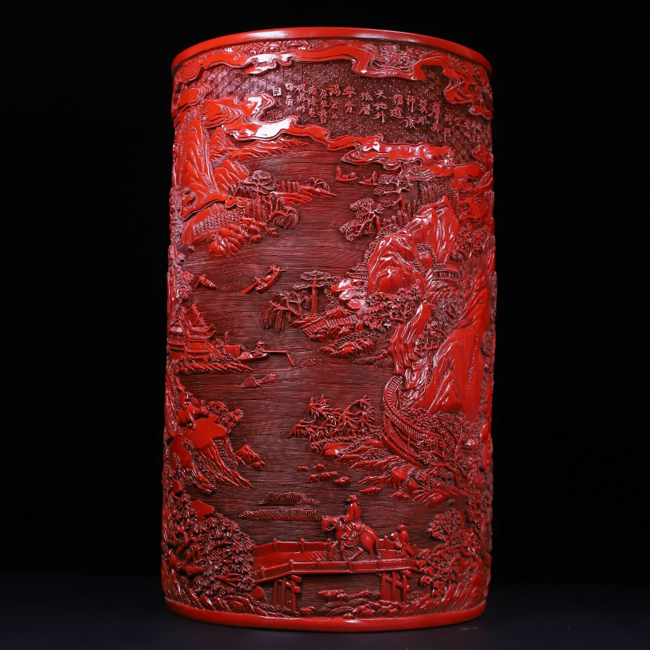 旧藏剔红漆器满雕大画筒摆件古董古玩老物件真品收藏雕刻木雕