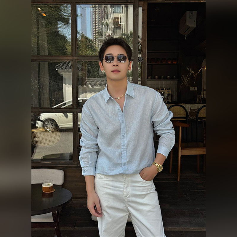 轻奢浅蓝色长袖亚麻衬衫男2026春夏老钱风高级松弛感轻薄防晒衬衣