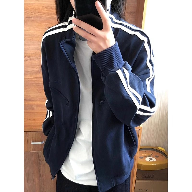 高端立领开衫外套男2026秋冬季美式vintage双条纹休闲上衣运动棒