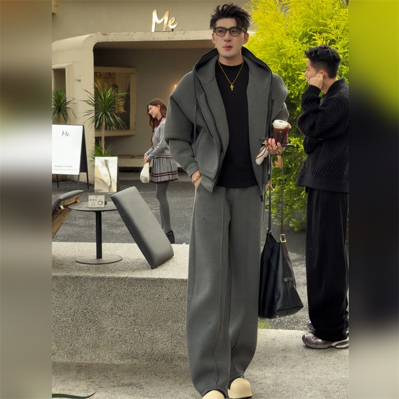 轻奢美式秋冬新款男士户外时尚简约开衫连帽卫衣直筒休闲长裤套装