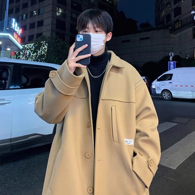 毛呢大衣男士秋冬季宽松休闲高级感纯色外套日系复古中长款风衣潮