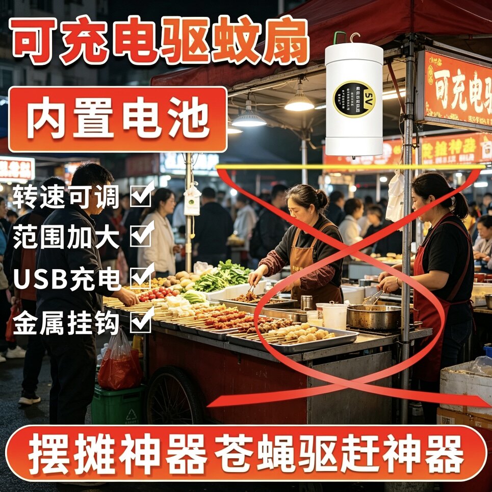 摆摊驱蝇吊扇卤菜熟食水果店商用赶蚊虫风扇可充电续航便携小吊扇