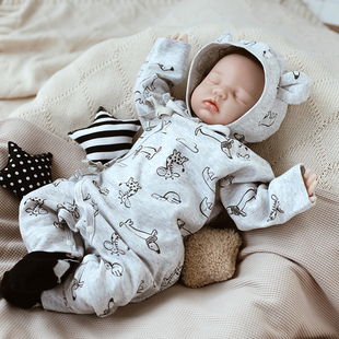 婴姿新生婴儿系带长袖春秋男女宝宝休闲斜襟连体衣灰爬服通用套装