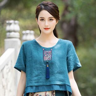 棉麻短袖T恤上衣女文艺复古刺绣民族风短款宽松刺绣拼接流苏小衫