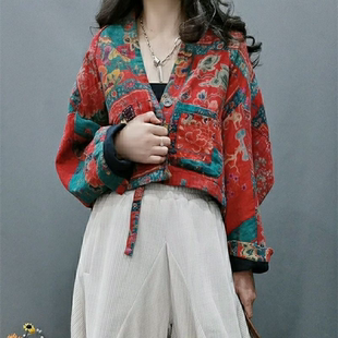 原民族风花色外套2025秋冬新款休闲宽松复古文艺短款加绒外套