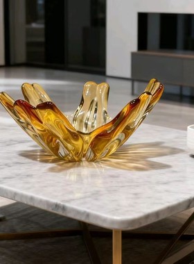 现代简约手工琥珀色琉璃果盘摆件