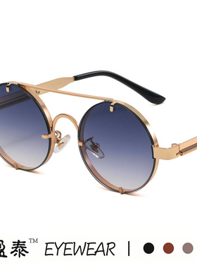 欧美复古圆框太阳镜男 金属弹簧镜腿太子镜 双梁蒸汽朋克太阳眼镜