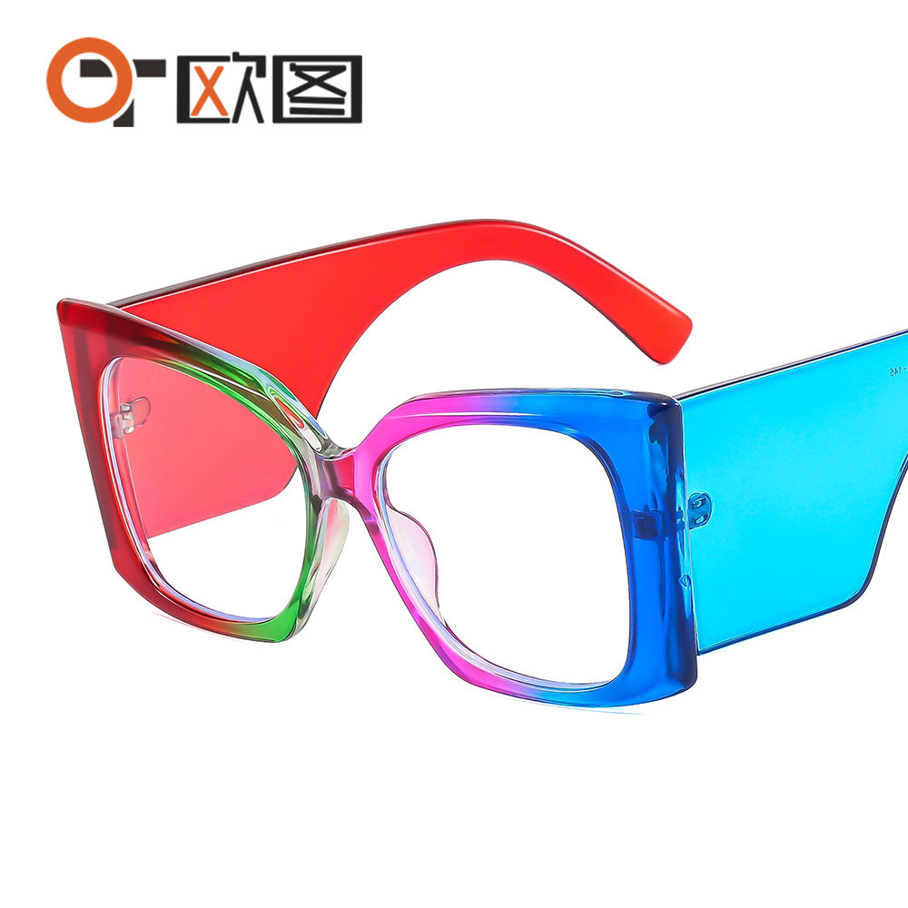 大框宽脚炫彩色女士个性平光镜蝴蝶造型跨境配镜PC防蓝光眼镜框