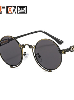 T22023朋克新款圆框金属太阳镜弹簧蒸汽风格男女个性前卫时尚墨镜