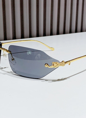 跨境欧美潮流弯曲镜片无框太阳镜豹子头时尚切边墨镜网红街拍眼镜