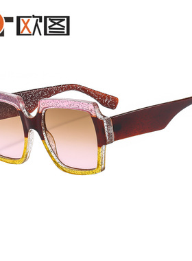 新款大框方框拼色太阳镜M6139 百搭街拍修脸欧美女士墨镜