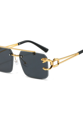 跨境新款双梁切边方形无框眼镜太阳镜男 欧美时尚豹子潮流墨镜女