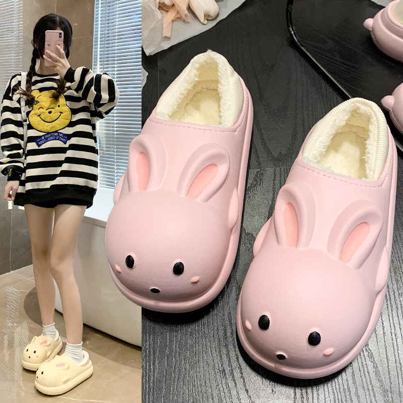 秋冬季新款室内家居防滑可爱卡通兔子熊男女情侣毛毛绒厚底棉拖鞋