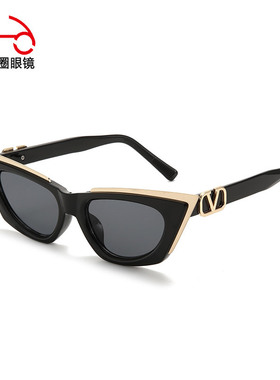 两个圈 新款金属半框猫眼太阳镜跨境个性金属V字女士遮阳墨镜1031