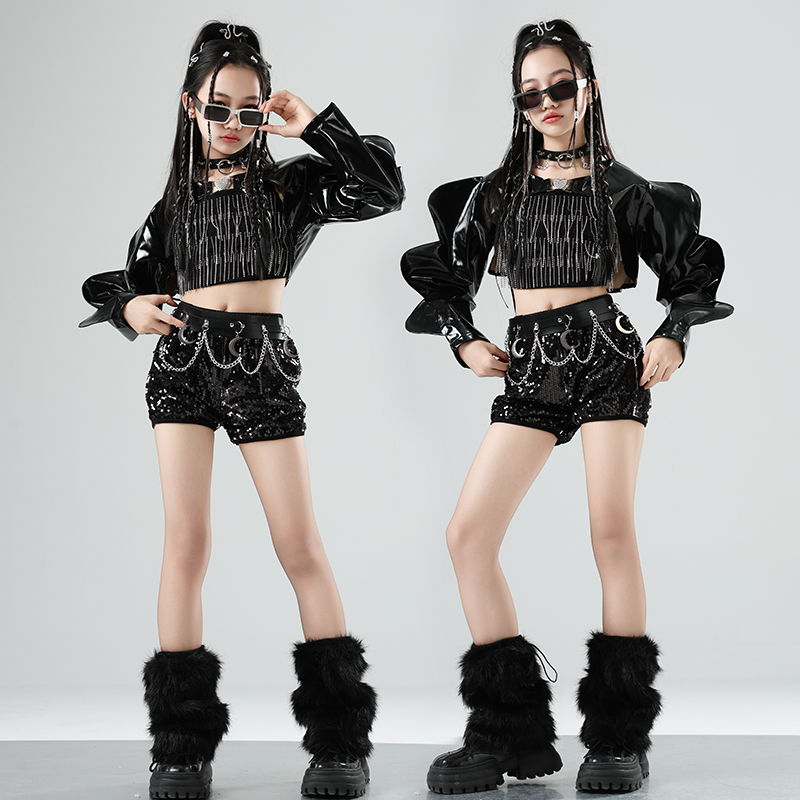 女童爵士舞服装秋少儿模特舞台走秀黑色朋克赛车服女团打歌演出服
