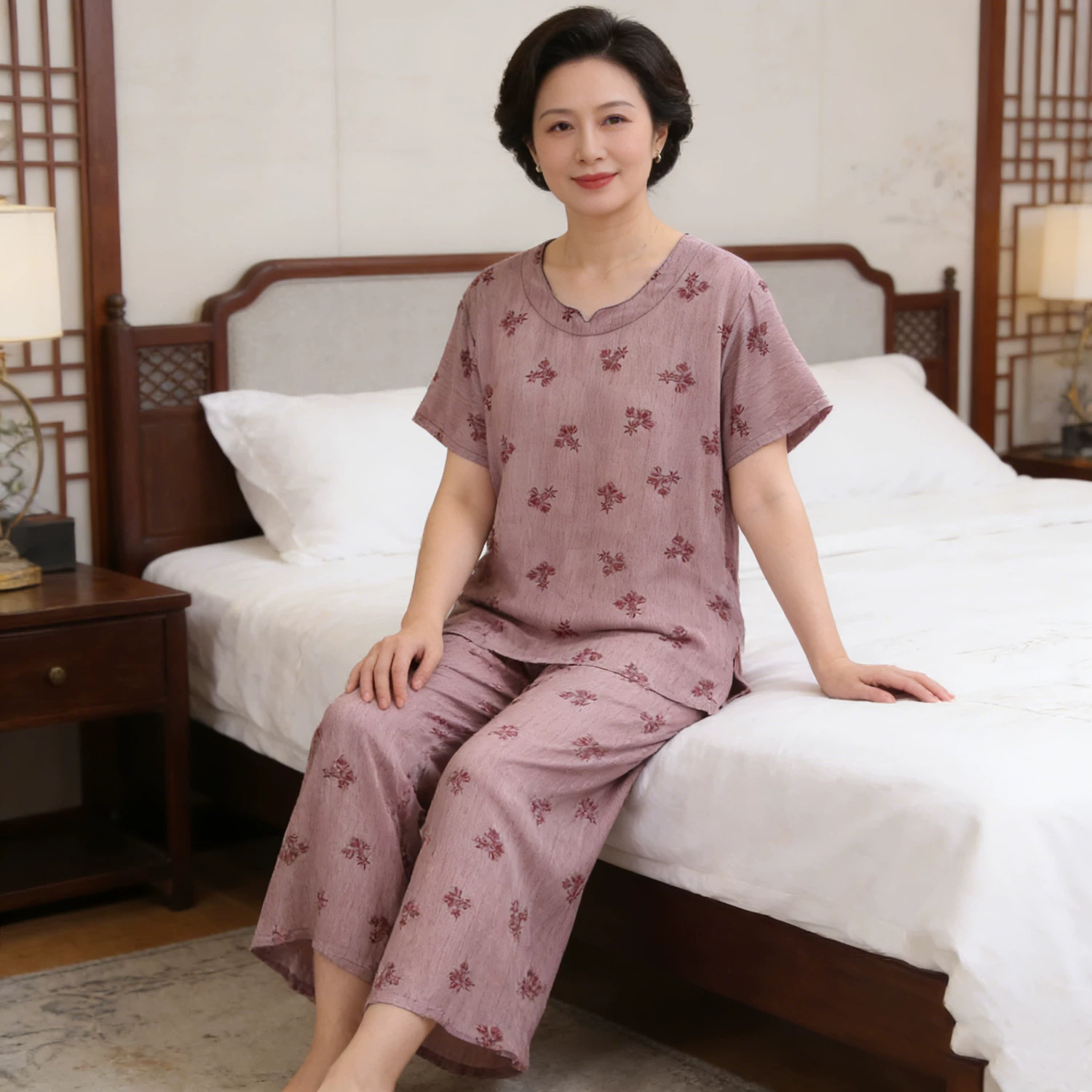 2026夏季新款中老年棉绸睡衣女薄款短袖大码可外穿妈妈家居服套装