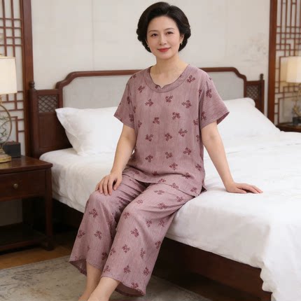 2026夏季新款中老年棉绸睡衣女薄款短袖大码可外穿妈妈家居服套装