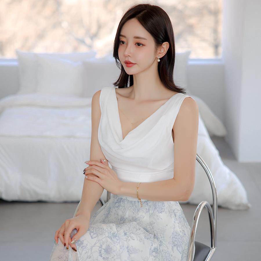韩国正品代购2025年春款3.24气质无袖堆领修身上衣高腰半身裙单买