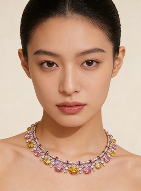 法式爆闪重工彩色黄钻粉色choker颈链新娘晚宴礼服项链大气复古