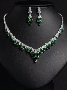 欧美奢华新娘锆石套装精致项链耳环两件套时尚宴会婚礼耳饰耳钉女