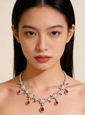 小众轻奢高级感仙女蝴蝶造型锁骨链红宝石新娘晚宴礼服项链配饰