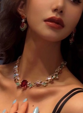 小众轻奢设计高级感红宝石颈链choker新娘晚宴礼服项链配饰彩色女