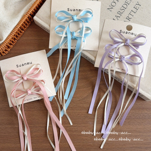 韩版超仙编发飘带蝴蝶结发夹女童粉紫色丝带发夹甜美双马尾鸭嘴夹